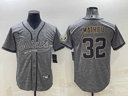 Mens New Orleans Saints #32 Tyrann Mathieu Gray With Patch Cool Base Stitched Baseball Jersey->new orleans saints->NFL Jersey
